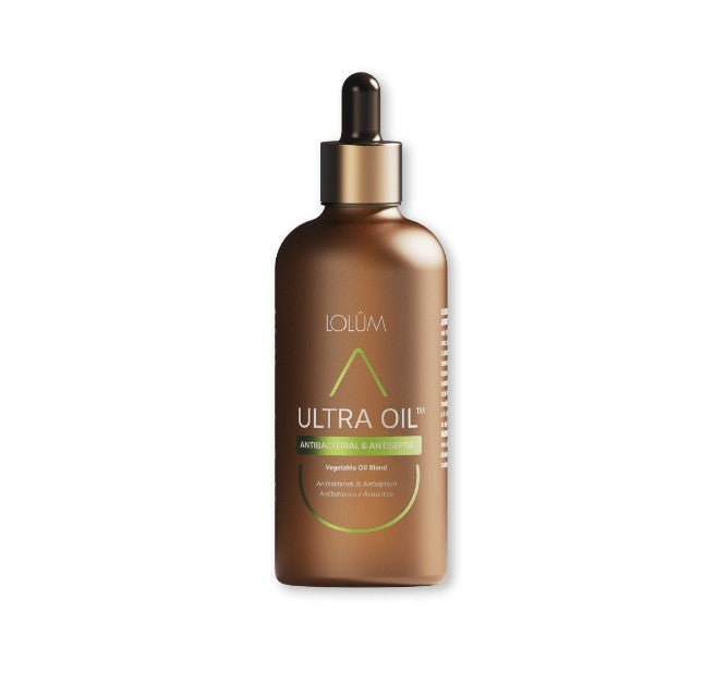 Flacon d'huile végétale LOLUM LO012 ULTRA OIL™ Antibactérien & Antiseptique 50ml, au Neem, Tea Tree et Manuka — soin peau imperfections et cheveux — Belluxa.fr