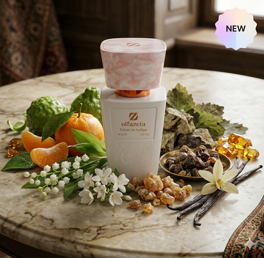 Flacon Olfazeta blanc marbré entouré de roses et fleurs blanches — parfum floral famille olfactive féminine — Belluxa.fr