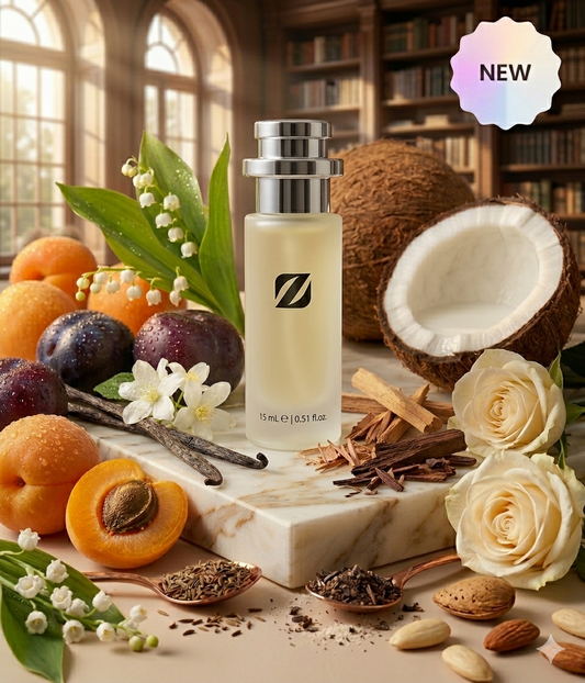 Flacon Olfazeta sur travertin beige avec agrumes d'été citron et pamplemousse — guide parfum agrumes été — Belluxa.fr