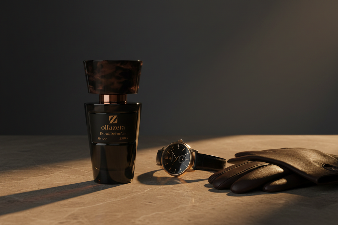 Flacon Olfazeta noir avec montre et gants en cuir sur marbre — parfum homme signature — Belluxa.fr