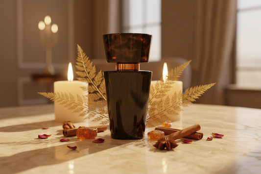 Flacon Olfazeta noir avec notes d'ambre et d'encens sur surface dorée — famille orientale ambrée sensualité et mystère — Belluxa.fr