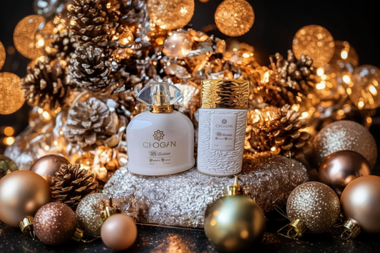 Duo de flacons Olfazeta dorés avec décorations de Noël et bougies — parfum ambré choix parfait pour l'hiver — Belluxa.fr