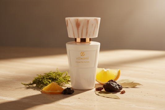 Flacon Olfazeta blanc marbré sur travertin beige avec mousse de chêne et bergamote — parfum chypré audacieux — Belluxa.fr