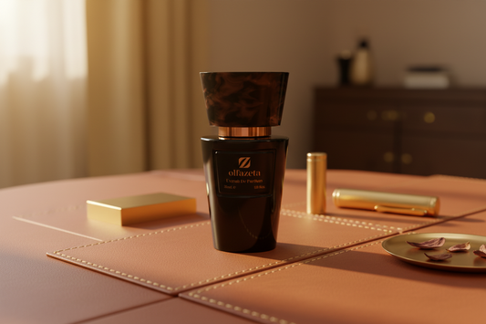 Flacon Olfazeta noir sur travertin beige avec cuir tan et bois d'oud — parfum cuir comment l'adopter — Belluxa.fr