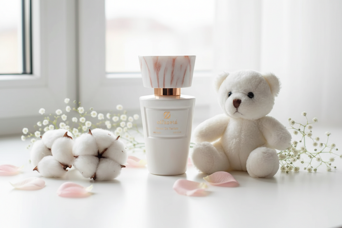 Flacon Olfazeta blanc marbré entouré de fleurs douces et d'un ourson blanc — parfum enfant douceur et sécurité — Belluxa.fr