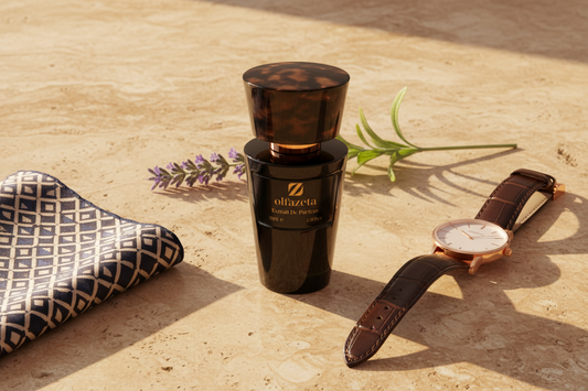 Flacon Olfazeta noir sur travertin beige avec montre, pochette de costume et lavande — parfum fougère selon les occasions — Belluxa.fr
