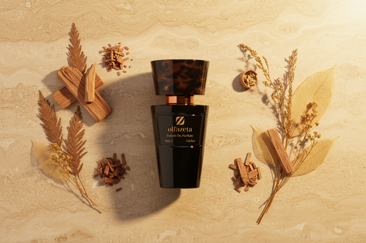 Flacon Olfazeta noir sur travertin beige avec cèdre, santal et vétiver — parfums boisés chaleur et caractère — Belluxa.fr
