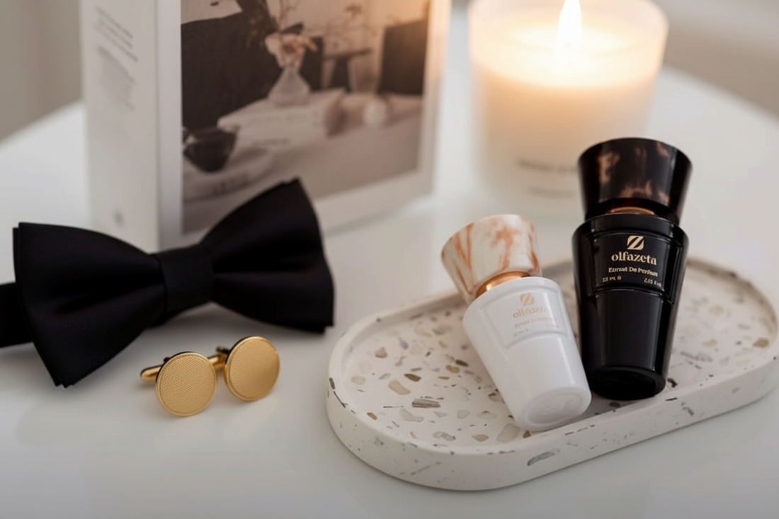 Duo de flacons Olfazeta noir et blanc sur plateau terrazzo avec bougie et nœud papillon — parfum homme selon l'occasion — Belluxa.fr