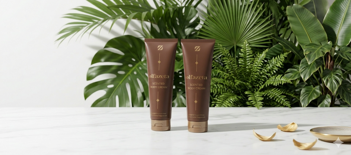 Crèmes corps parfumées OlfaZeta Chogan — tubes marron fond végétal luxe Made in Italy — Belluxa.fr