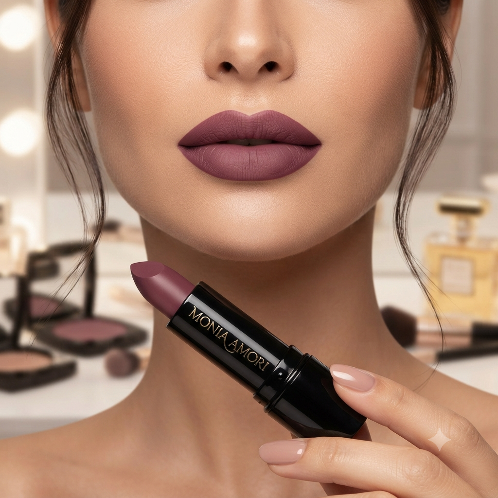 Maquillage Lèvres MoniAmori Milano — Rouge à lèvres longue tenue mauve matte — Belluxa.fr